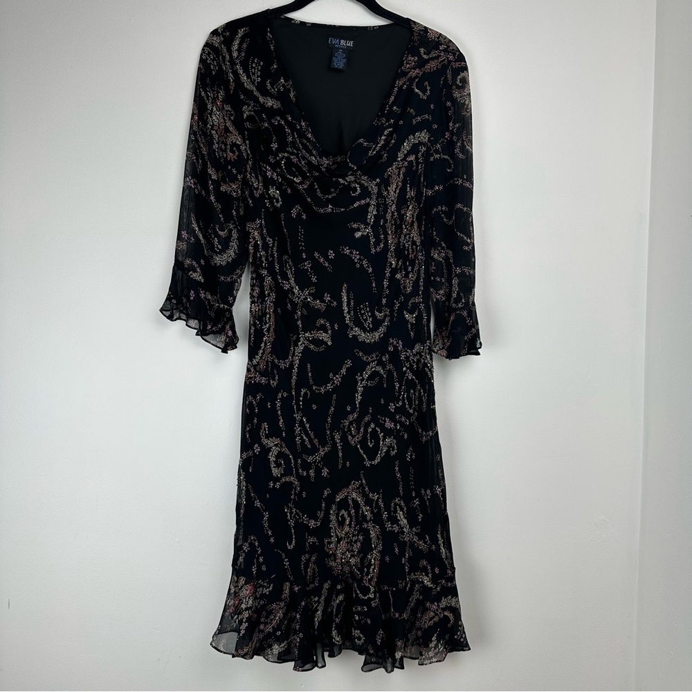 Eva Blue Dress Size 10 Petite Black‎ Floral Y2K Whimsygoth Fairy Beaded